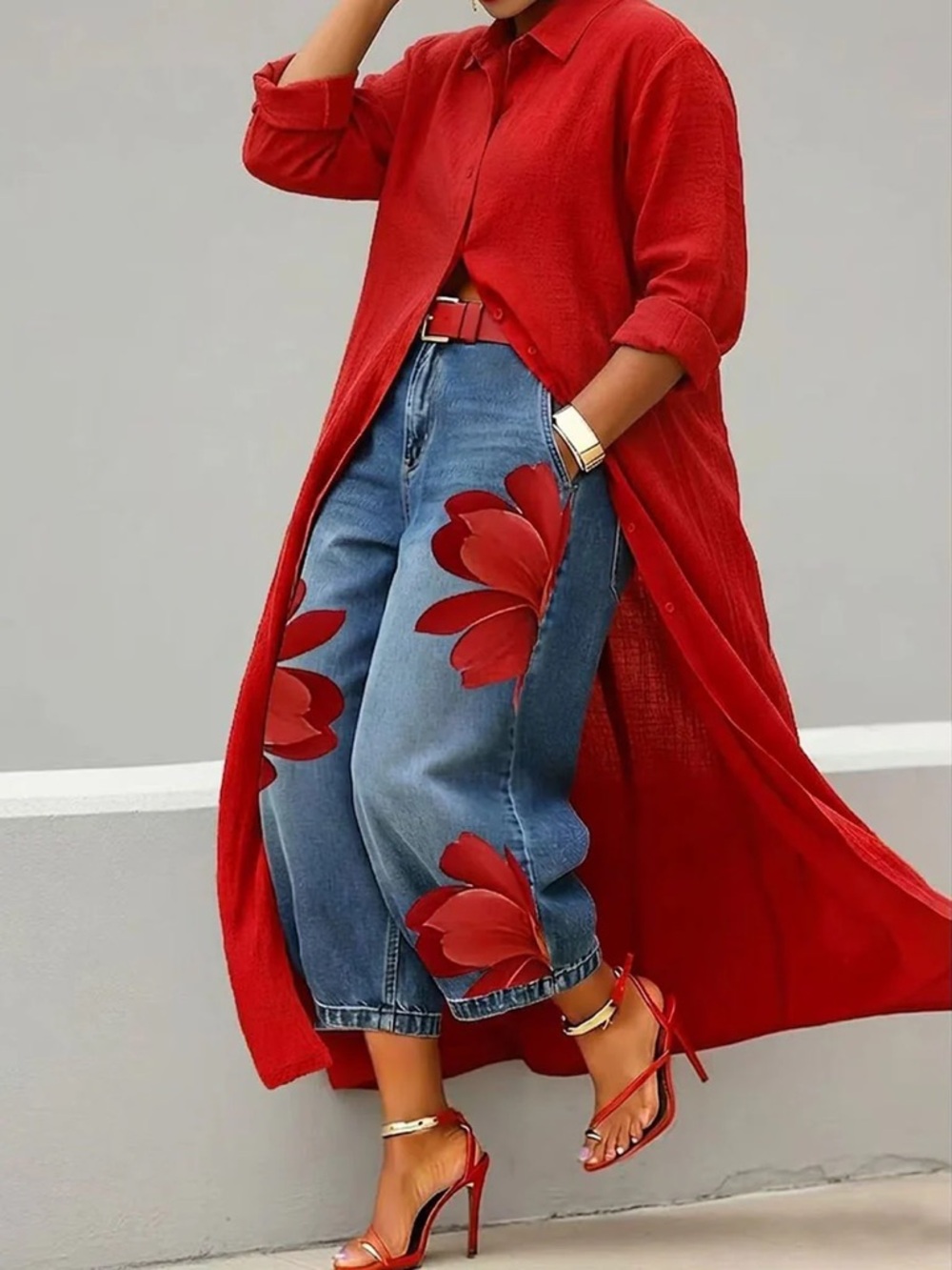 Loose Wide Leg Flower Print No Belt Pockets knit Pants Bottoms Ninth Pants